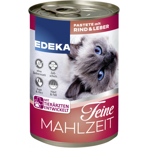 EDEKA Feine Mahlzeit Stückchen mit Seelachs in Gelee  400g-kočičí konzerva s hovězím a játry