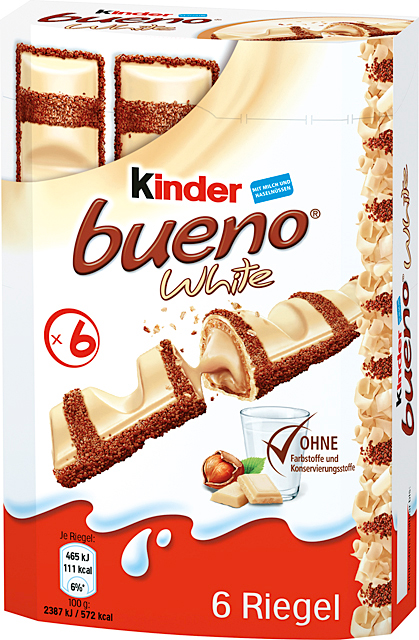Kinder Bueno White oplatka s mléčnou a lískooříškovou náplní v polevě z bílé čokolády 117g
