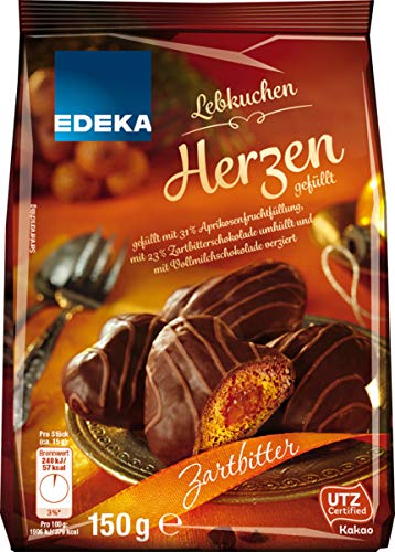 EDEKA Perníková srdce plněná meruňkovou marmeládou v hořké čokoládě 150g