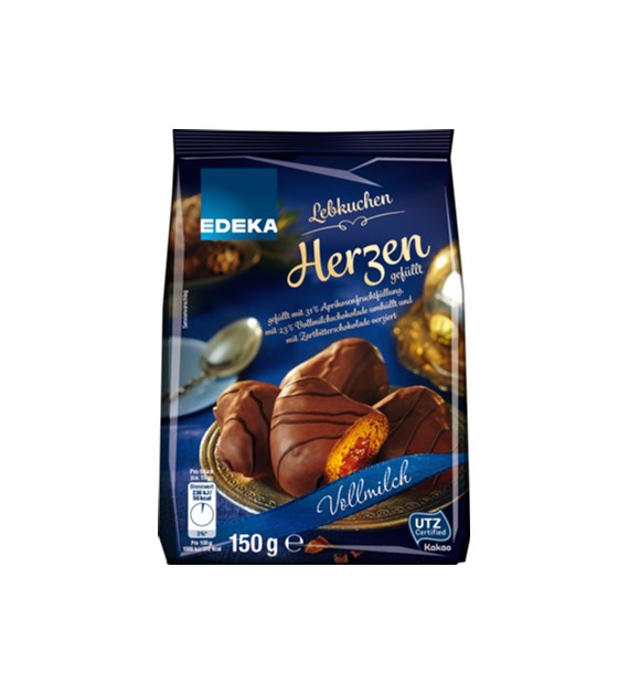EDEKA Perníková srdce plněná meruňkovou marmeládou v mléčné čokoládě 150g