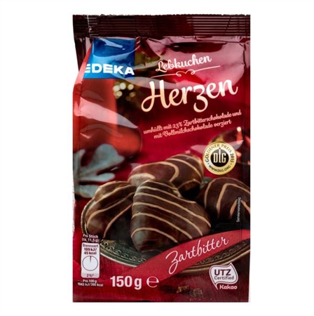 EDEKA Perníková srdce v hořké čokoládě 150g