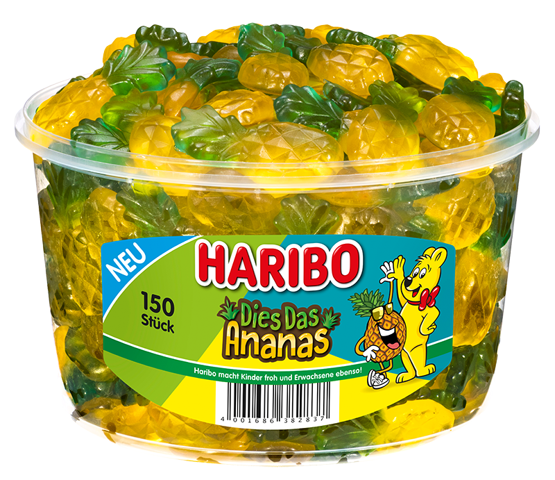 Haribo Dies das Ananas - Želé ananasové bonbóny 1200g (dóza 150ks)