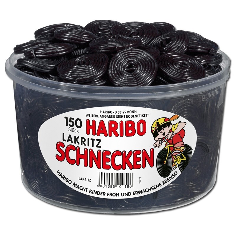 Haribo Lakritz Schnecken - Želé bonbony lékořicoví šneci 1500g (dóza 150ks)