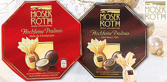 Moser roth grand praliné marc de champagne 129g s alkoholem (červená)