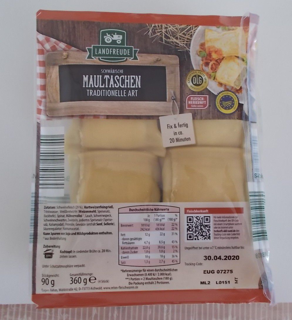 Landfreude Maultaschen Tradiční styl s masovou náplní 360g 4 kusy v balení