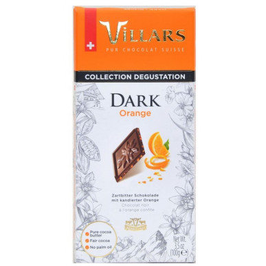 Villars Dark Orange 100g - Švýcarská hořká čokoláda s pomerančovou kůrou