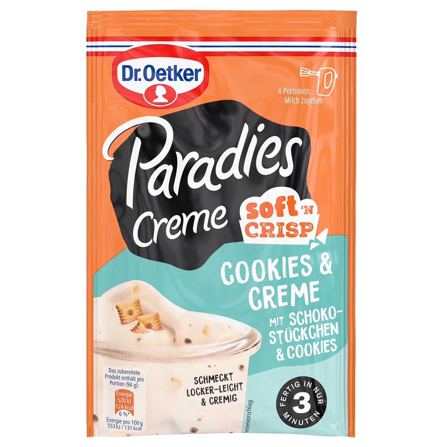 Dr.Oetker Paradise Cream Soft'n Crisp Cookies & Cream s kousky čokolády a sušenkami 78g