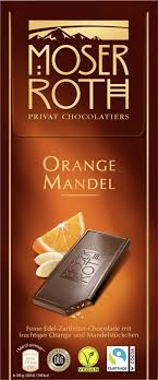 MOSER ROTH Orange Mandel - hořká čokoláda se šťavnatým pomerančem a kousky mandlí - 5ks - 125g