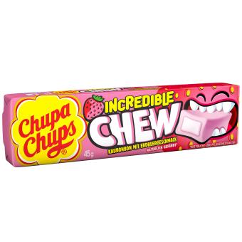 Chupa Chups Incredible Chew Jahoda 10 ks - Jednotlivě balené žvýkací bonbóny s jahodovou příchutí