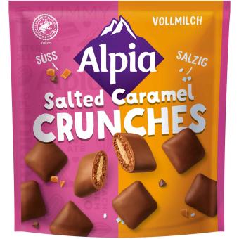 Alpia křupavé sušenky se slaným karamelem 140g - Kakaové cereální polštářky v alpské mléčné čokoládě s náplní ze slaného karamelu