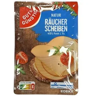 gut & günstig natur raucher scheiben - přírodní plátky zauzeného sýru 150g 45 % tuku